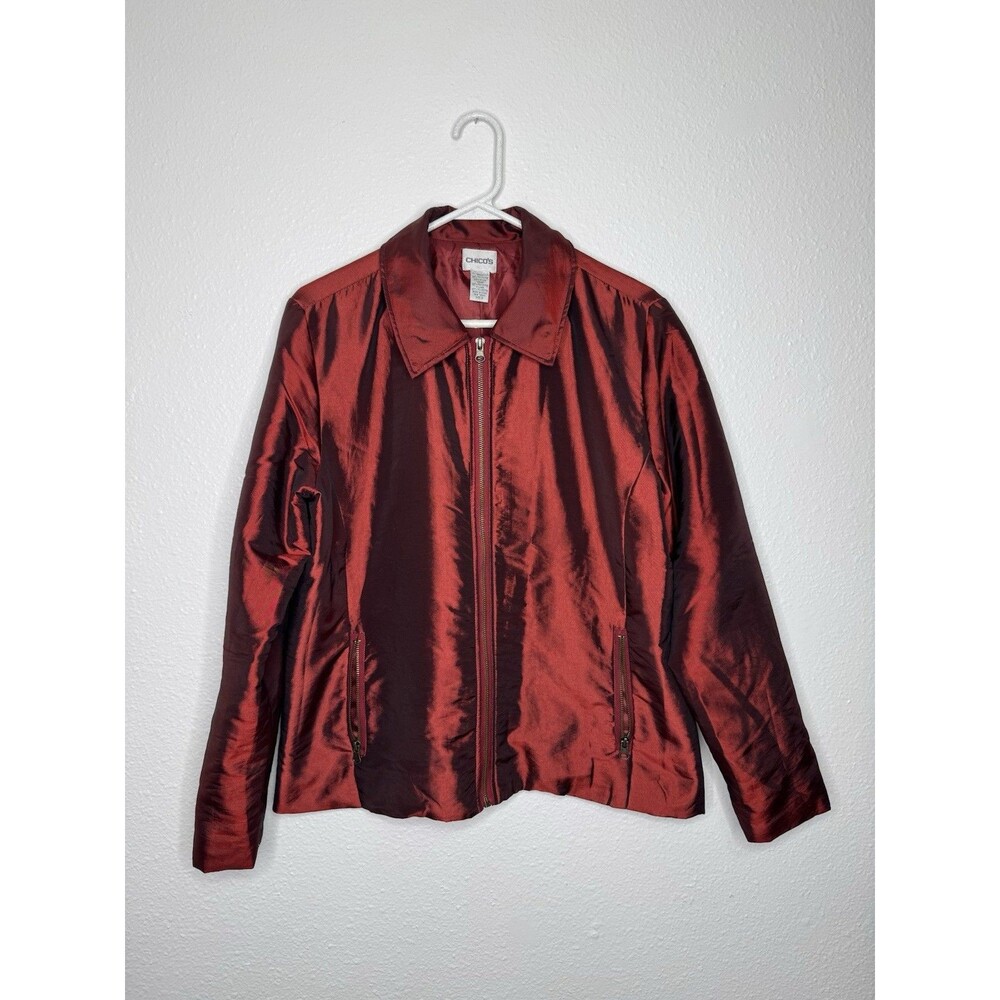 Chico’s Silky Burgundy Jacket Size 2 Nylon Zipper Bomber Y2K Glam Holiday Shiny